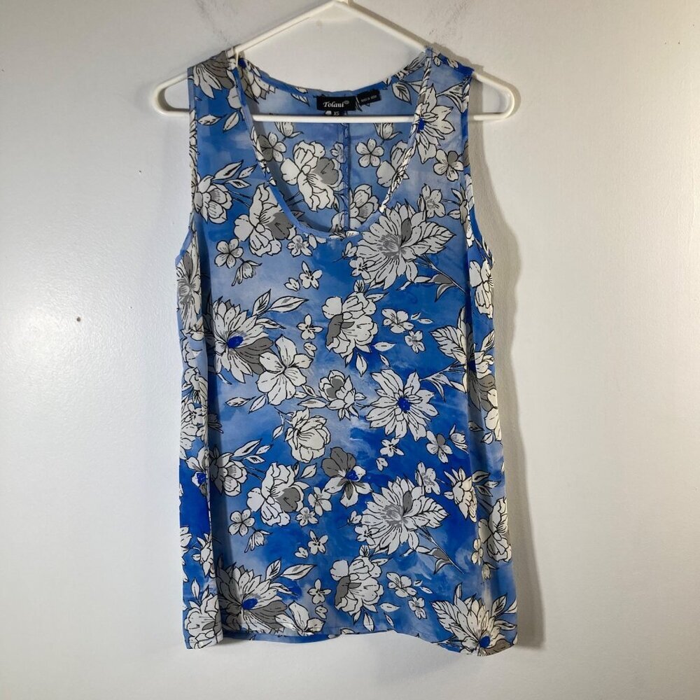 Womens‎ Tolani Midnight Silk Sleeveless Blouse Floral Blue White XS #56